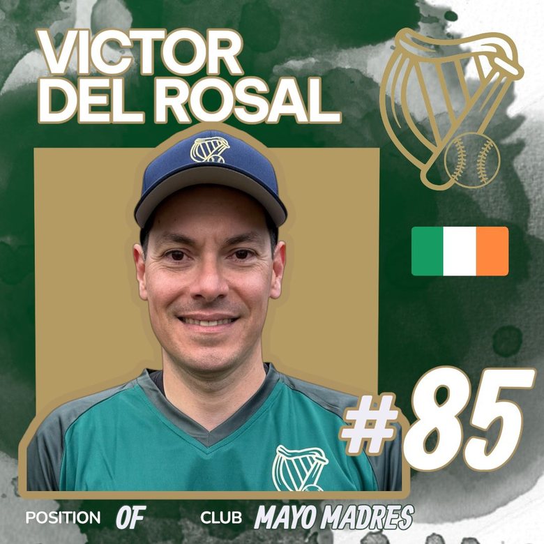 Ireland home kit: green jersey with gold harp crest and navy cap, worn by Victor del Rosal, number 85